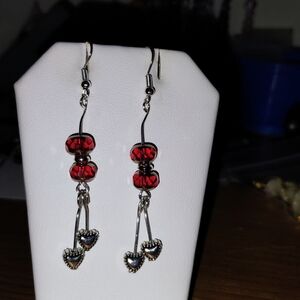 Red Crystal Bead Drop Earrings with Hearts